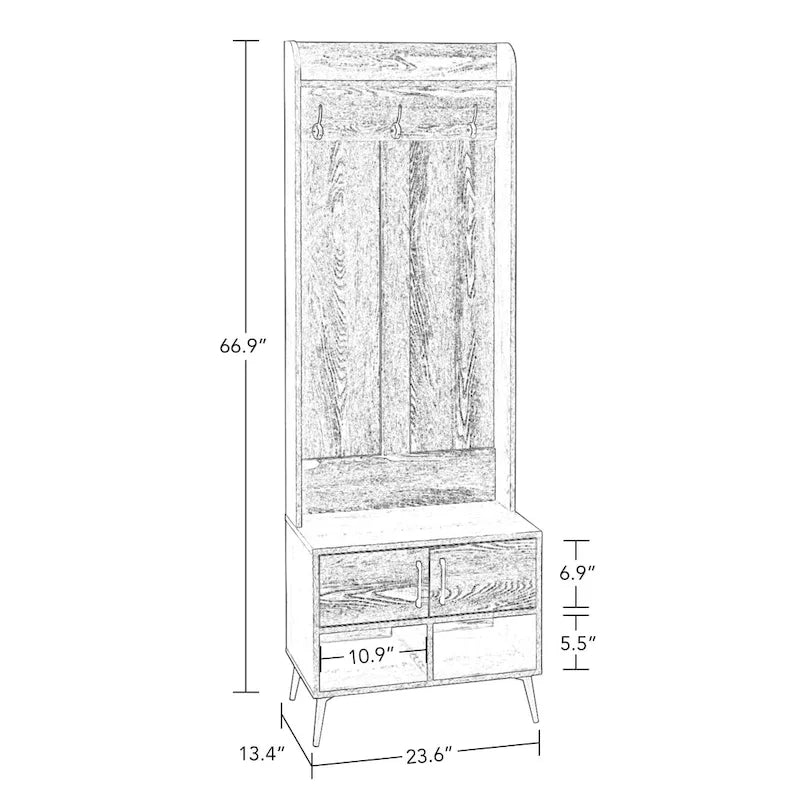 Brown Hall Tree with Bench, Coat Hooks & Shoe Storage – 1-Person