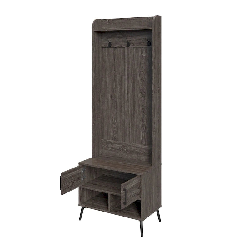 Brown Hall Tree with Bench, Coat Hooks & Shoe Storage – 1-Person