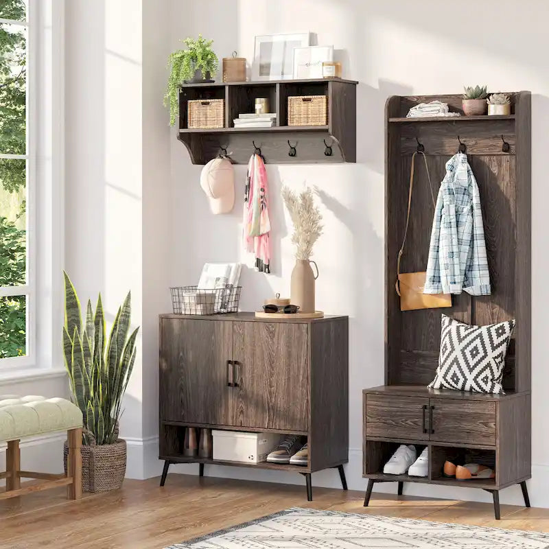 Brown Hall Tree with Bench, Coat Hooks & Shoe Storage – 1-Person