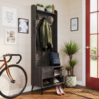 Brown Hall Tree with Bench, Coat Hooks & Shoe Storage – 1-Person
