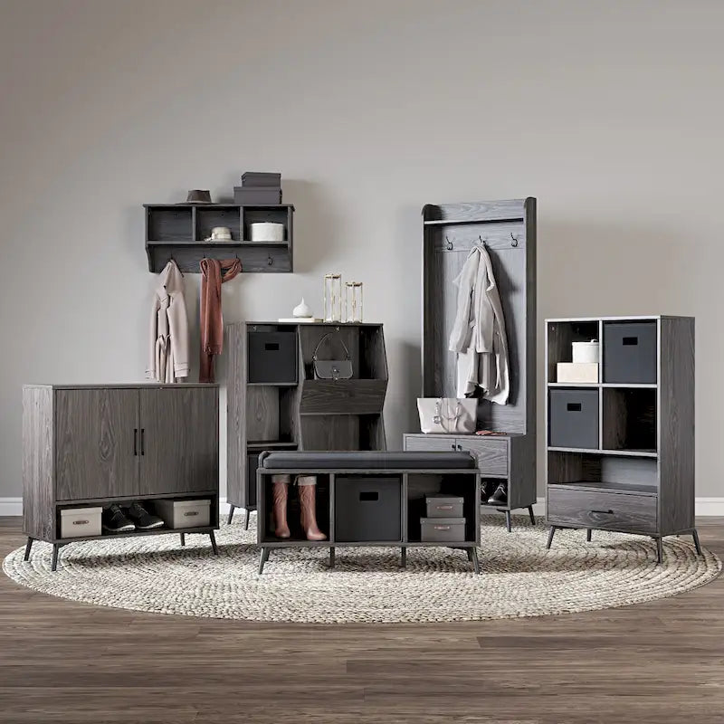 Brown Hall Tree with Bench, Coat Hooks & Shoe Storage – 1-Person