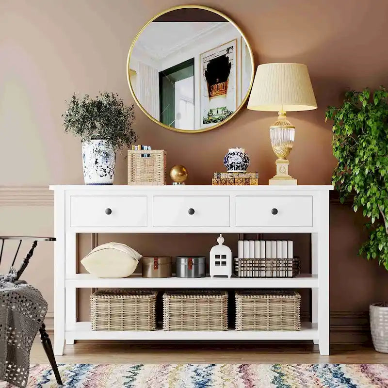 50L Retro Design Console Table with Two Open Shelves, Pine Solid Wood Frame and Legs