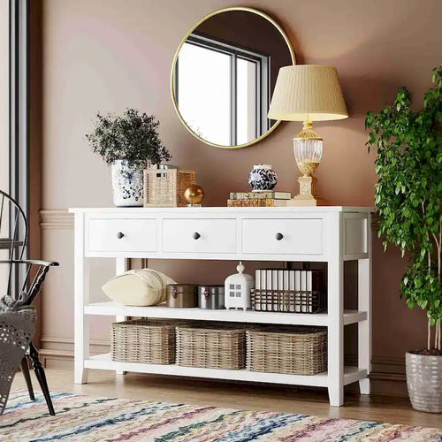 50L Retro Design Console Table with Two Open Shelves, Pine Solid Wood Frame and Legs