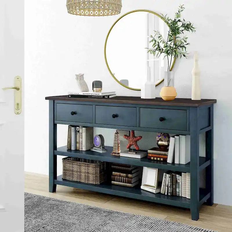 50L Retro Design Console Table with Two Open Shelves, Pine Solid Wood Frame and Legs