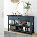 50L Retro Design Console Table with Two Open Shelves, Pine Solid Wood Frame and Legs