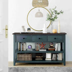 50L Retro Design Console Table with Two Open Shelves, Pine Solid Wood Frame and Legs