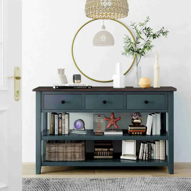 50L Retro Design Console Table with Two Open Shelves, Pine Solid Wood Frame and Legs