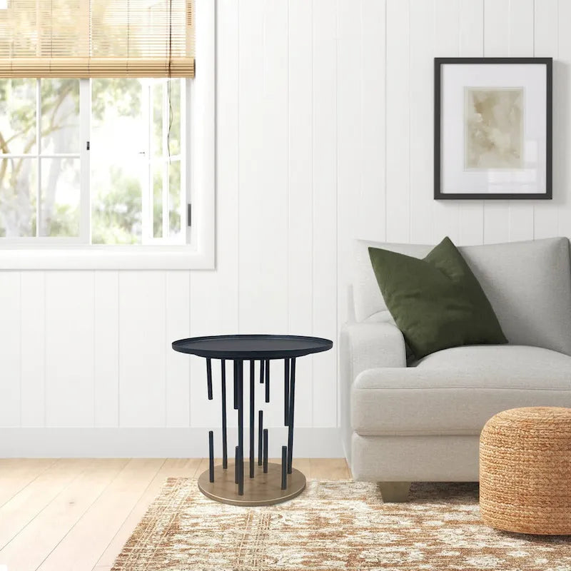Neci 20 Inch Side End Table, Round Matte Black Tray Top, Modern Rod Supports with Brass Base