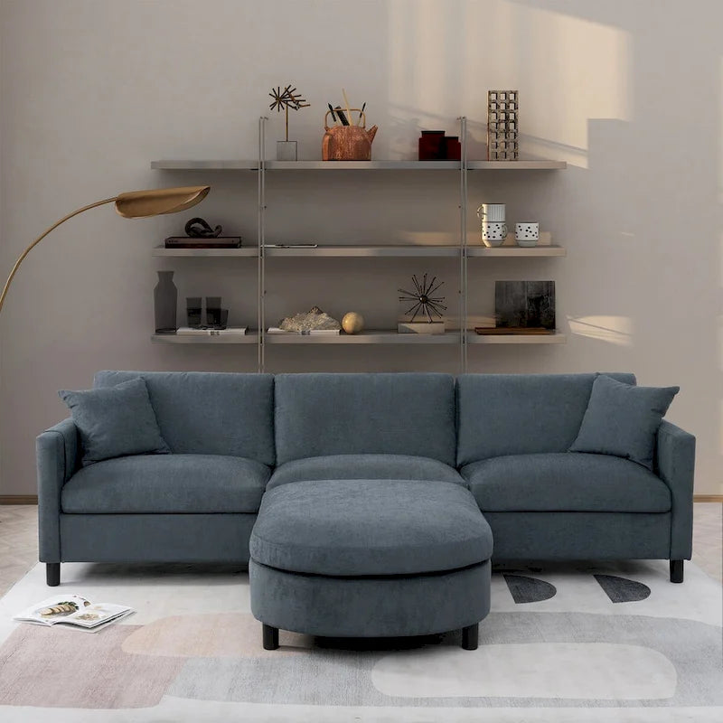 107.87 Sectional Sofa with Ottoman, Removable Cushions and Armrest Pockets,Dark Gray