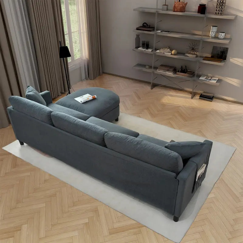 107.87 Sectional Sofa with Ottoman, Removable Cushions and Armrest Pockets,Dark Gray