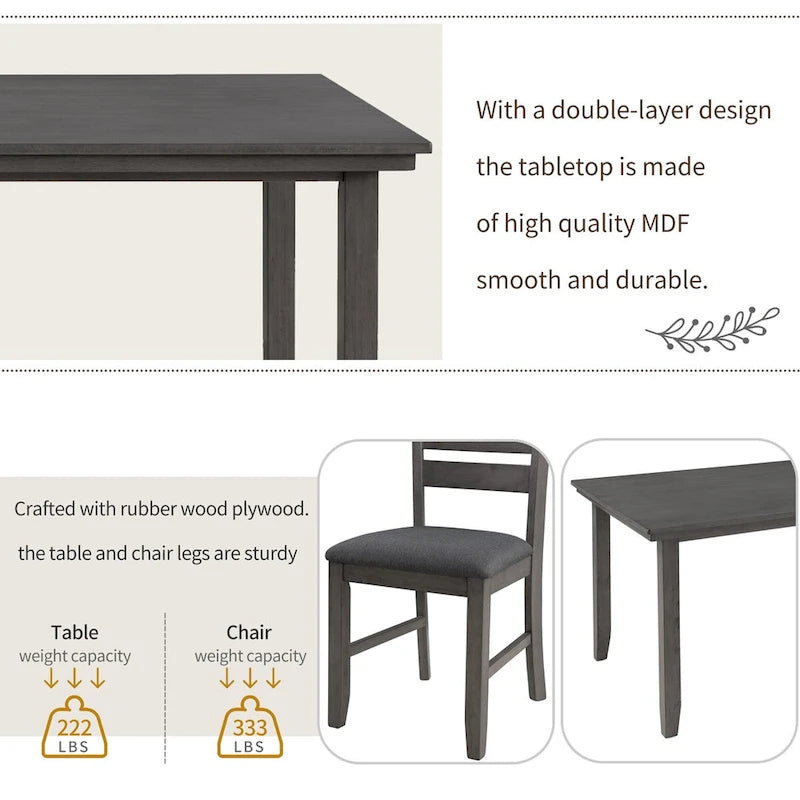 6 Piece Room Chairs with Bench, Rustic Wood Dining Set Table, Gray