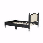 Wooden Platform Bed with Rattan Headboard and Slat Support