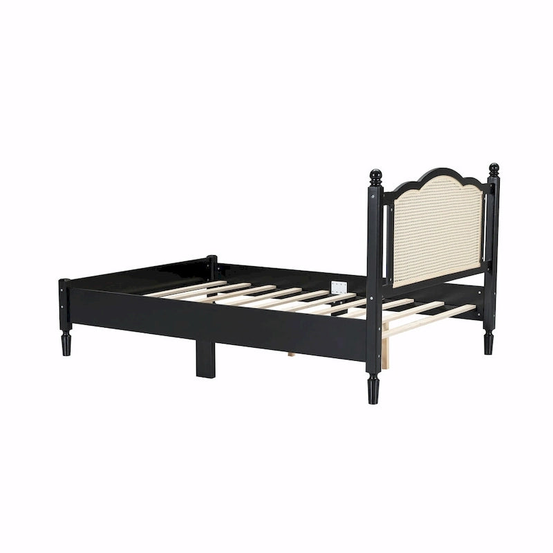 Wooden Platform Bed with Rattan Headboard and Slat Support
